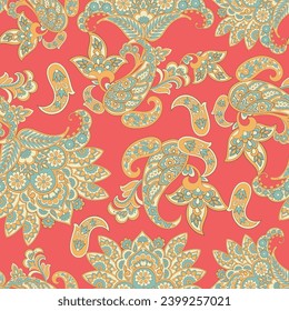 Colorful Paisley wallpaper. Vector Indonesian batik. Bright classic indian fabric. Paisley wallpaper. Ethnic background with paisley and stylized flowers. For textile, cover, wrapping paper, fabric