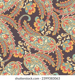 Colorful Paisley wallpaper. Vector Indonesian batik. Bright classic indian fabric. Paisley wallpaper. Ethnic background with paisley and stylized flowers. For textile, cover, wrapping paper, fabric