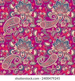 Colorful Paisley wallpaper. Vector Indonesian batik. Bright classic indian fabric. Paisley wallpaper. Ethnic background with paisley and stylized flowers. For textile, cover, wrapping paper, fabric