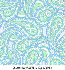 Colorful Paisley wallpaper. Vector Indonesian batik. Bright classic indian fabric. Paisley wallpaper. Ethnic background with paisley and stylized flowers. For textile, cover, wrapping paper, fabric