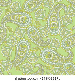 Colorful Paisley wallpaper. Vector Indonesian batik. Bright classic indian fabric. Paisley wallpaper. Ethnic background with paisley and stylized flowers. For textile, cover, wrapping paper, fabric