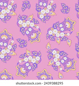 Colorful Paisley wallpaper. Vector Indonesian batik. Bright classic indian fabric. Paisley wallpaper. Ethnic background with paisley and stylized flowers. For textile, cover, wrapping paper, fabric