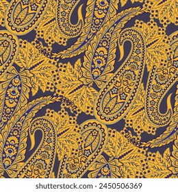 Colorful Paisley wallpaper. Vector Indonesian batik. Bright classic indian fabric. Paisley wallpaper. Ethnic background with paisley and stylized flowers. For textile, cover, wrapping paper, fabric