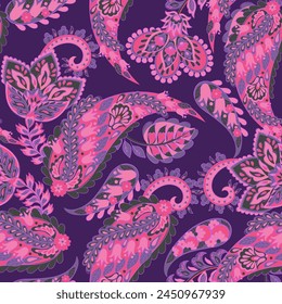 Colorful Paisley wallpaper. Vector Indonesian batik. Bright classic indian fabric. Paisley wallpaper. Ethnic background with paisley and stylized flowers. For textile, cover, wrapping paper, fabric