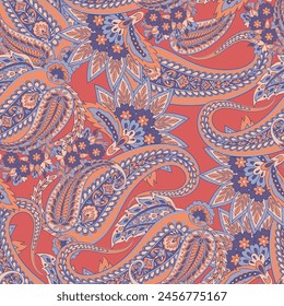 Colorful Paisley wallpaper. Vector Indonesian batik. Bright classic indian fabric. Paisley wallpaper. Ethnic background with paisley and stylized flowers. For textile, cover, wrapping paper, fabric