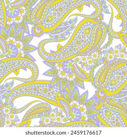 Colorful Paisley wallpaper. Vector Indonesian batik. Bright classic indian fabric. Paisley wallpaper. Ethnic background with paisley and stylized flowers. For textile, cover, wrapping paper, fabric