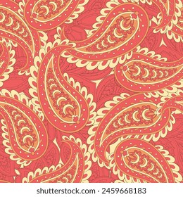 Colorful Paisley wallpaper. Vector Indonesian batik. Bright classic indian fabric. Paisley wallpaper. Ethnic background with paisley and stylized flowers. For textile, cover, wrapping paper, fabric