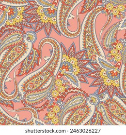 Colorful Paisley wallpaper. Vector Indonesian batik. Bright classic indian fabric. Paisley wallpaper. Ethnic background with paisley and stylized flowers. For textile, cover, wrapping paper, fabric