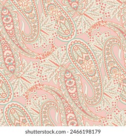 Colorful Paisley wallpaper. Vector Indonesian batik. Bright classic indian fabric. Paisley wallpaper. Ethnic background with paisley and stylized flowers. For textile, cover, wrapping paper, fabric