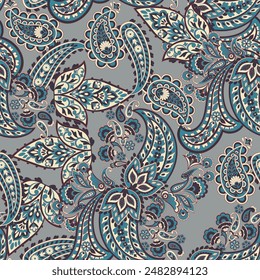 Colorful Paisley wallpaper. Vector Indonesian batik. Bright classic indian fabric. Paisley wallpaper. Ethnic background with paisley and stylized flowers. For textile, cover, wrapping paper, fabric