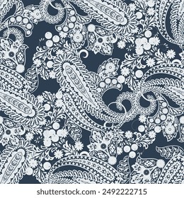 Colorful Paisley wallpaper. Vector Indonesian batik. Bright classic indian fabric. Paisley wallpaper. Ethnic background with paisley and stylized flowers. For textile, cover, wrapping paper, fabric