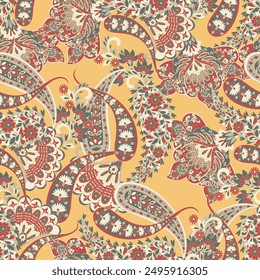 Bunter Paisley-Bildschirmhintergrund. Vektorgrafik Indonesische Batik. Heller klassischer indischer Stoff. Paisley-Bildschirmhintergrund. Ethnischer Hintergrund mit Paisley und stilisierten Blumen. Für Textilien, Bezug, Einwickelpapier, Gewebe