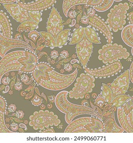 Colorful Paisley wallpaper. Vector Indonesian batik. Bright classic indian fabric. Paisley wallpaper. Ethnic background with paisley and stylized flowers. For textile, cover, wrapping paper, fabric