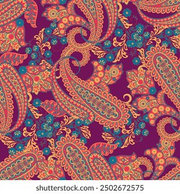 Colorful Paisley wallpaper. Vector Indonesian batik. Bright classic indian fabric. Paisley wallpaper. Ethnic background with paisley and stylized flowers. For textile, cover, wrapping paper, fabric