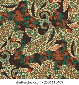 Colorful Paisley wallpaper. Vector Indonesian batik. Bright classic indian fabric. Paisley wallpaper. Ethnic background with paisley and stylized flowers. For textile, cover, wrapping paper, fabric