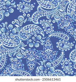 Colorful Paisley wallpaper. Vector Indonesian batik. Bright classic indian fabric. Paisley wallpaper. Ethnic background with paisley and stylized flowers. For textile, cover, wrapping paper, fabric