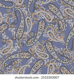 Colorful Paisley wallpaper. Vector Indonesian batik. Bright classic indian fabric. Paisley wallpaper. Ethnic background with paisley and stylized flowers. For textile, cover, wrapping paper, fabric