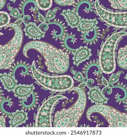 Colorful Paisley wallpaper. Vector Indonesian batik. Bright classic indian fabric. Paisley wallpaper. Ethnic background with paisley and stylized flowers. For textile, cover, wrapping paper, fabric