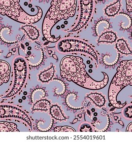 Colorful Paisley wallpaper. Vector Indonesian batik. Bright classic indian fabric. Paisley wallpaper. Ethnic background with paisley and stylized flowers. For textile, cover, wrapping paper, fabric