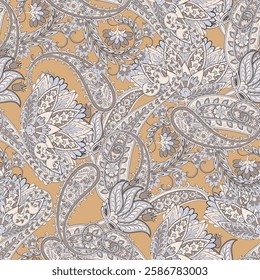 Colorful Paisley wallpaper. Vector Indonesian batik. Bright classic indian fabric. Paisley wallpaper. Ethnic background with paisley and stylized flowers. For textile, cover, wrapping paper, fabric