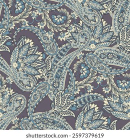 Colorful Paisley wallpaper. Vector Indonesian batik. Bright classic indian fabric. Paisley wallpaper. Ethnic background with paisley and stylized flowers. For textile, cover, wrapping paper, fabric