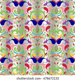 Colorful paisleys seamless pattern. Light floral background wallpaper illustration with vintage paisley flowers and multicolor oriental ornaments. Surface texture for fabrics, textile, prints.