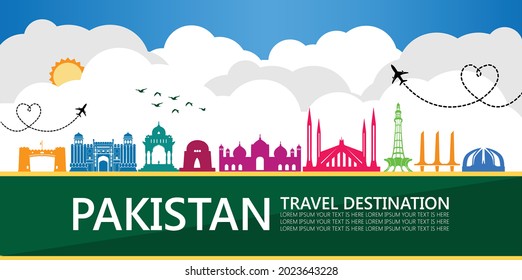 Colorful Pakistan Monuments of All cities Historical Places Clouds Sun Birds Aeroplane Isolated Against Blue Sky Background