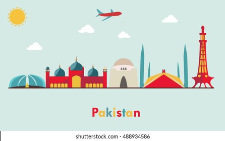 Colorful Pakistan Monuments isolated against blue background