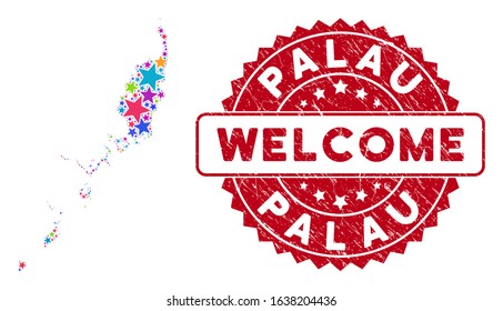 Colorful Palau map collage of stars, and scratched rounded red WELCOME stamp seal. Abstract territory scheme in colorful color tones. Vector Palau map is composed of colorful stars.