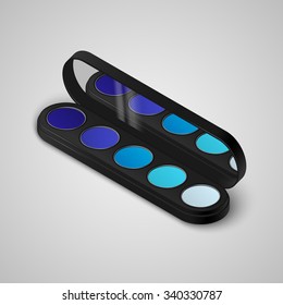 Colorful palette with eye shadows. The open palette with a mirror on the cover. Vector illustration.