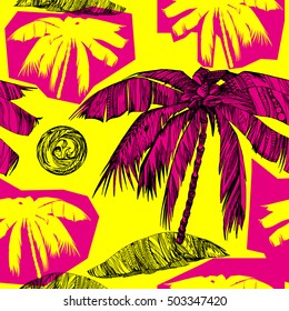 Colorful palm background Tropical pattern with palm trees. Hand drawn coconut background graphic design.