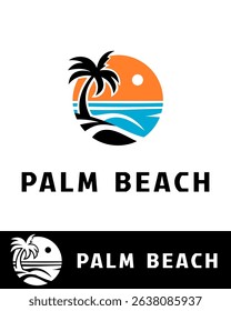 Colorful palm beach logo featuring a tropical sunset, ocean waves, and a silhouetted palm tree in a circular design