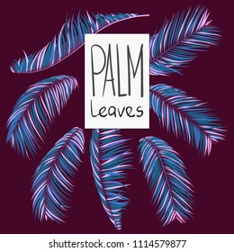Colorful Palm Branches in Various Forms. Tropic Foliage in Bright Pink and Blue Colors. Illustration of Jungle Plants. Vector Palm Leaves. Floral Elements Set. Detailed Palm Leaves for Your Design