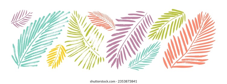 Colorful palm leaves collection. Vector botanical elements isolated on white. Brush drawn tropical leaves and branches. Multi colored plant elements drawn with a brush. Exotic foliage.