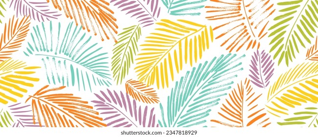 Coloridas hojas de palma diseño de pancartas sin fisuras. Grunge textura de hojas tropicales. Ornamento de follaje con ramas exóticas. Patrón velero natural sin costuras. Diseño gráfico con ramas de palmeras.