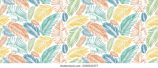 Colorful palm leaves seamless banner design. Grunge tropical leaves texture. Foliage ornament with exotic branches. Vector natural seamless pattern. Graphic design with palm trees branches.