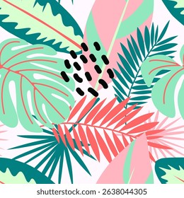 Colorful palm leaves seamless pattern in bright tropical tones for summer stationery, gift wrap, and paper design. Vector illustration