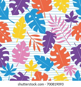 Colorful palm leaves seamless pattern design. Vector illustration.
