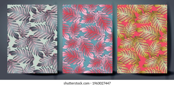 Colorful palm leaves seamless vector pattern. Tropical gradient background. 
