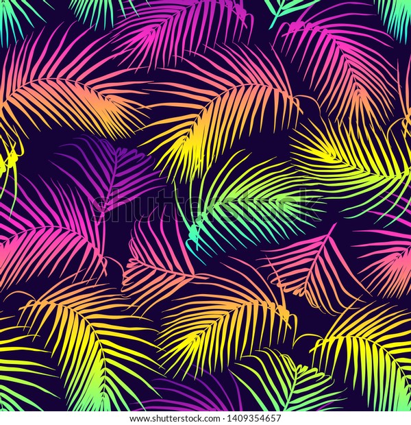 カラフルなヤシの葉のシームレスなベクター画像パターン 熱帯のネオングラデーション背景 未来的なデジタルベクター画像壁紙 気化波 逆行波 サイバー パンク美学 のベクター画像素材 ロイヤリティフリー