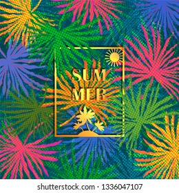 Colorful palm tree branches on abstract background. Vector illustration.