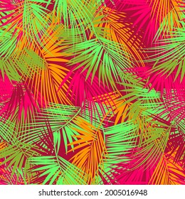 Colorful palm tree branches on abstract background. Seamless background. Vector illustration.
