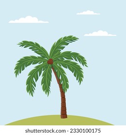 Colorful palm tree childish vector illustration. palm tree on grass.