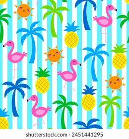 Colorful palm tree, flamingo, pineapple and sun with striped pattern design for summer holidays background.