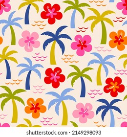 Colorful palm tree and hibiscus seamless pattern for summer holidays background.