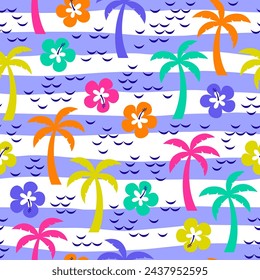 Colorful palm tree, hibiscus with striped pattern design for summer holidays background.