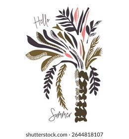 Colorful palm tree illustration with Hello summer text. A celebration of tropical vibes hand drawn for t-shirt print. apparel, poster, sticker