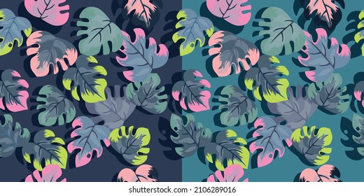 Colorful palm tree leaves. Seamless pattern. The two halves are multicolored. Modern style. Vector stock illustration. Plants. Cover design.