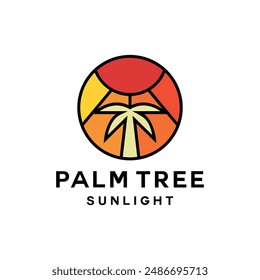 Colorful Palm Tree Logo Vector, Sunrise Emblem Icon Symbol, Tropical Beach Creative Vintage Graphic Design