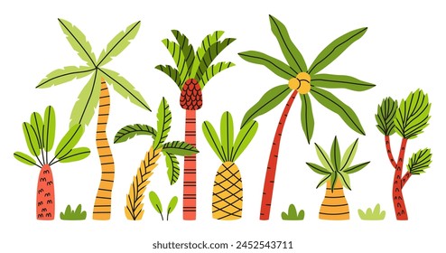 Colorful palm tree set. Summer vibrant colors illustration. Hand drawn flat vector trendy illustration isolated on white background.